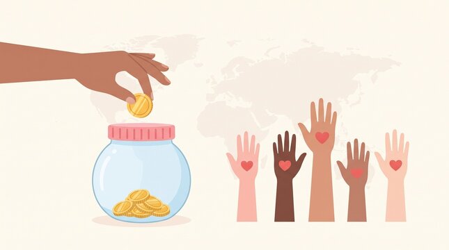 Hand dropping coin into charity jar with raised hands