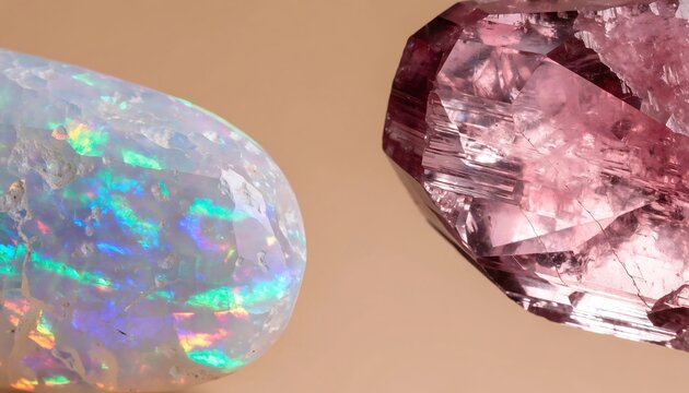 Two beautiful polished semiprecious gemstones featuring white opal and pink tourmaline on a solid background