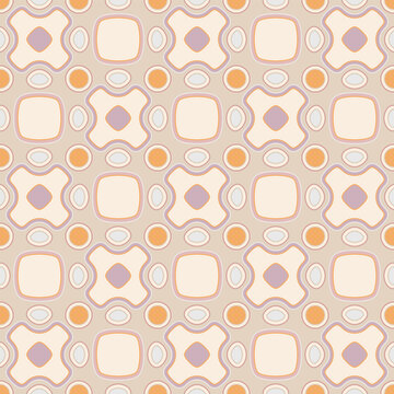Abstract geometric seamless vector pattern.  Retro style shapes, including rounded squares, quatrefoils, and concentric circles in muted orange, mauve, and cream tones. 