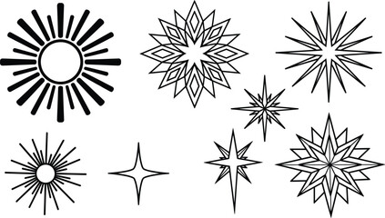 Obraz premium Geometric Sparkle Star and Sunburst Spark Icon Set for Retro Creative Graphic Designs