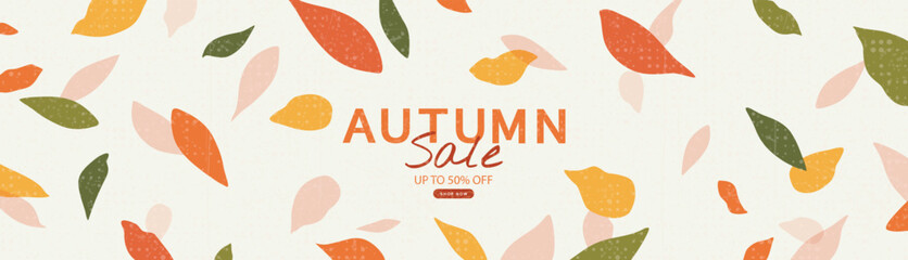 Naklejka premium Seasonal promotion banner with falling leaves in modern flat style with grainy texture. Colorful foliage on off-white background for retail and marketing design, vector illustration.
