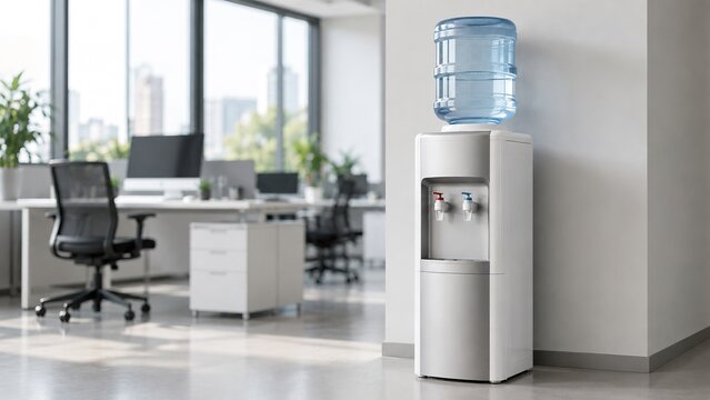Bottled water dispenser in bright contemporary office offering fresh drinking water for workplace hydration and employee wellness.