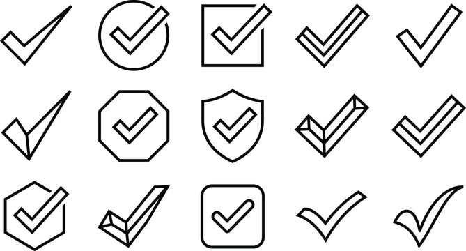 Check mark and tick vector icon set for approved choice vote interface designs,