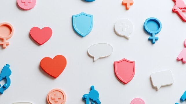 Colorful assortment of hearts shields and speech symbols arranged to convey messages of affection safety dialogue and feminine identity fostering a sense of unity and expression in contemporary societ