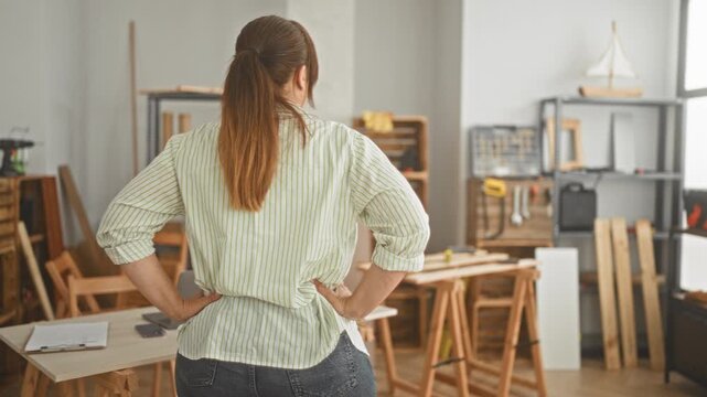 Woman carpenter stands with hands on hips facing a cluttered wood workbench with power tools, clamps and stacked lumber in a studio; determination craftsmanship.