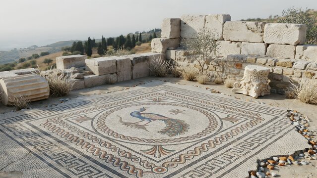 Ancient Mosaic Floor with Hieroglyphs and Stone Ruins in Archaeological Site