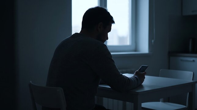 Man sitting alone in dark room using smartphone at night