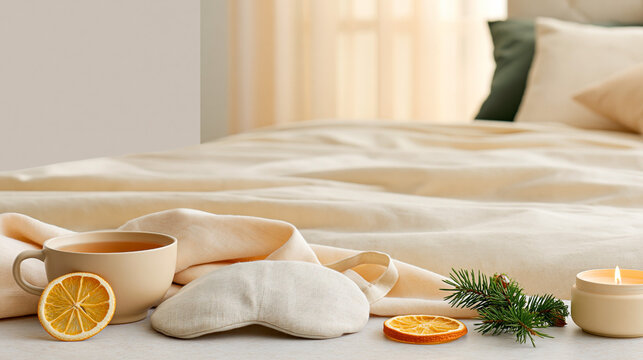 Cozy bedroom with tea, sleep mask, dried orange, candle and evergreen branch on soft linen bedding in warm morning light