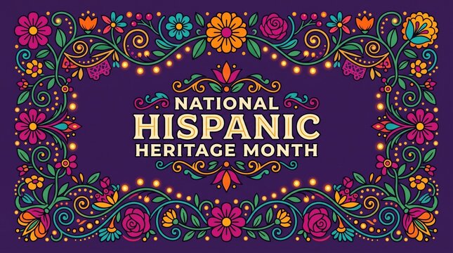 National Hispanic Heritage Month banner with ornate colorful folk art floral pattern