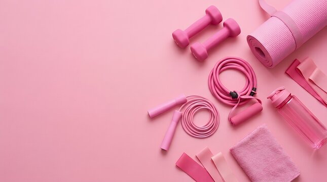 A Flat Lay Composition of Fitness Sport Equipment and Accessories Including Pink Dumbbells on a Pink Background with Copy Space for Gym Run Yoga and Weight Loss Concepts fitness equipment sport