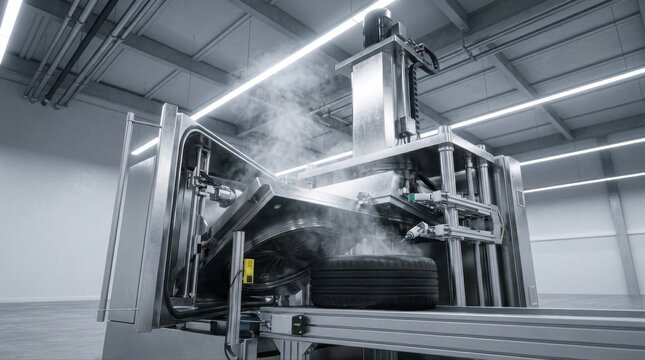 Tire undergoing vulcanization process in an industrial machine, releasing steam on an automated production line in a factory
