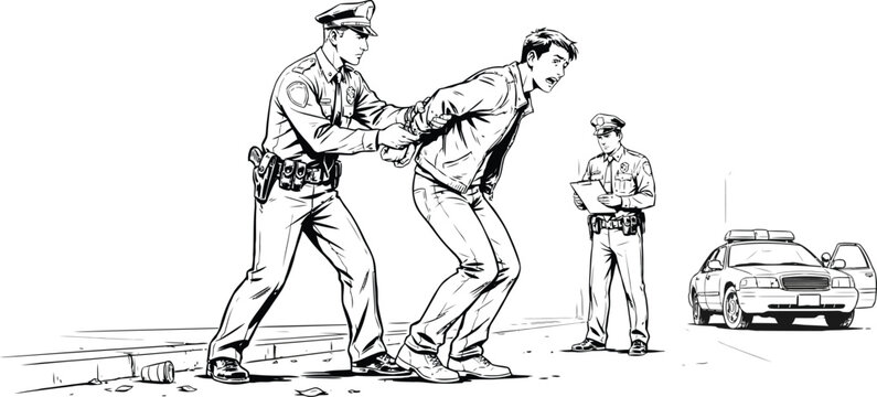 Monochrome police arrest vector illustration. Law enforcement officers detaining a criminal suspect. Sketch style sketch of officer handcuffing male suspect. Patrol car background.
