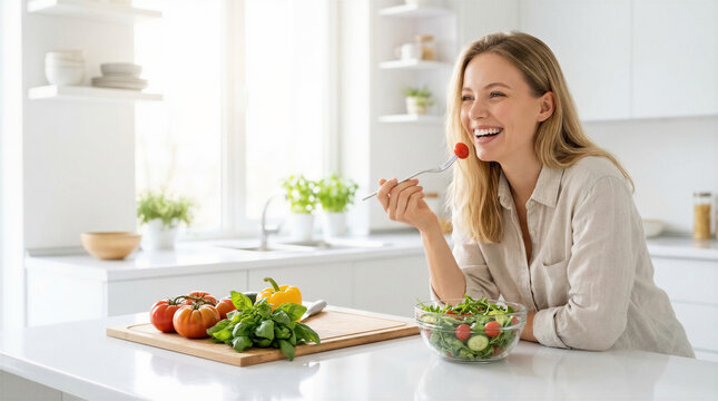 Woman enjoying fresh salad in bright kitchen. Healthy eating, food industry, nutrition, home cooking.
