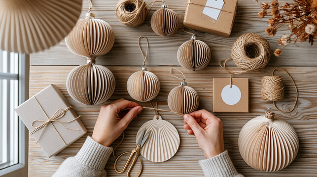 Hands crafting neutral paper christmas ornaments with twine, gift boxes and scissors on wooden table for sustainable holiday decoration