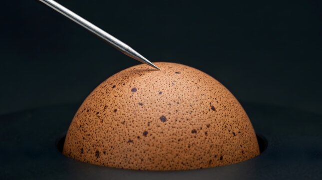 Micro needle probing a spotted brown egg shell surface during laboratory quality inspection for agricultural biotechnology and food safety testing