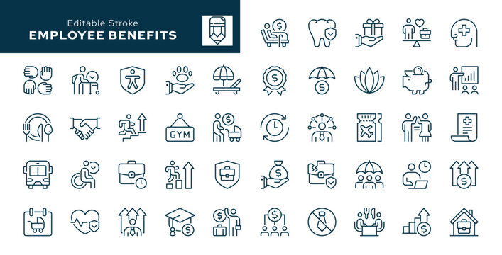 Employee benefits outline icons set. Maternity leave, paid leave, meals, insurance, company transport, bonuses, protection from dismissal and more. Line icon in linear style. Vector collection
