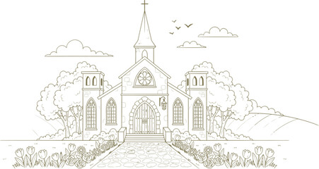 Fototapeta premium Church line art illustration, Hand drawn chapel vector, Beige outline for religious design, Wedding invitation graphic, Sketch of spiritual building, Minimal temple with steeple