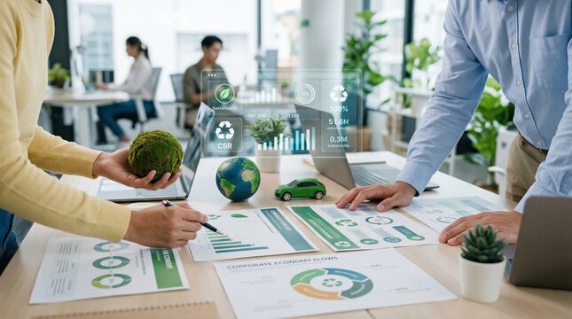 Business team reviewing sustainability reports in modern office. Corporate economy flows, CSR metrics, eco-friendly goals, data analysis.