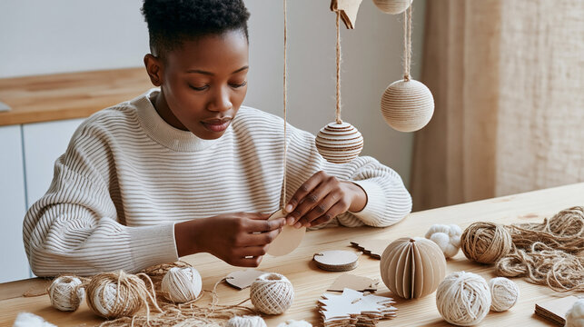 Woman crafting handmade christmas ornaments with paper and twine at wooden table, creating sustainable holiday decorations in a cozy home