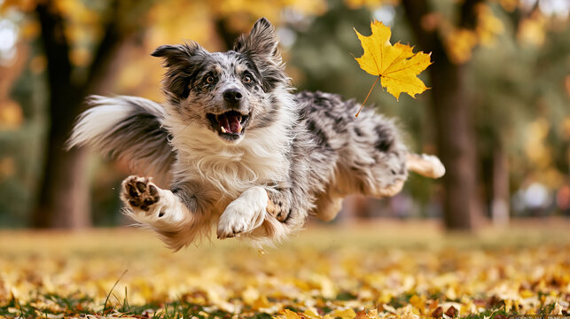 Energetic merle border collie puppy jumping joyfully through falling yellow autumn leaves in a park setting