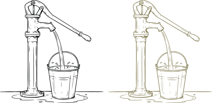 Hand water pump icon with bucket, sketch drawing of vintage mechanical well system, monochrome engineering symbol for agriculture, utility, and rural water supply.