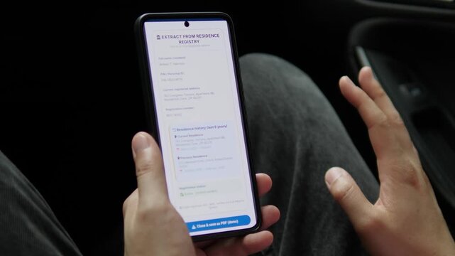 User requests a digital residence certificate on a smartphone, highlighting e-government services, verified identity and paperless access to official records.