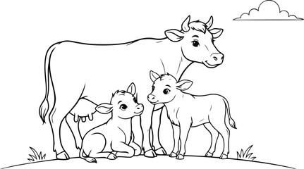 Cow with calves coloring page. Farm animal outline for printing. Kids educational worksheet. Mother and baby cattle illustration vector. © yamin678
