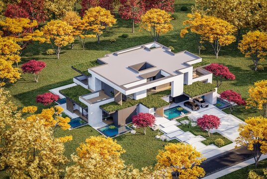 3d rendering of two-story house with parking and pool for sale or rent with concrete facade and beautiful landscaping on background. Clear sunny autumn day with golden leaves anywhere