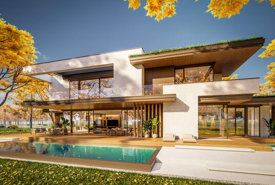 3d rendering of two-story house with parking and pool for sale or rent with concrete facade and beautiful landscaping on background. Clear sunny autumn day with golden leaves anywhere
