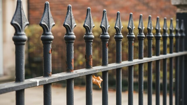 Close-up of black wrought iron fence with pointed tips and rusty patches