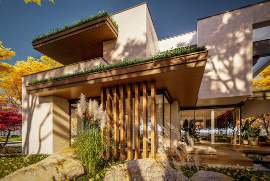 3d rendering of two-story house with parking and pool for sale or rent with concrete facade and beautiful landscaping on background. Clear sunny autumn day with golden leaves anywhere