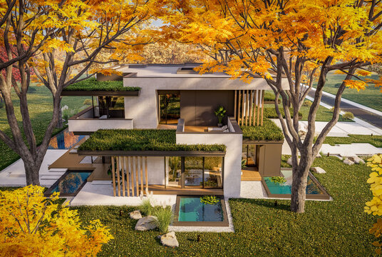 3d rendering of two-story house with parking and pool for sale or rent with concrete facade and beautiful landscaping on background. Clear sunny autumn day with golden leaves anywhere