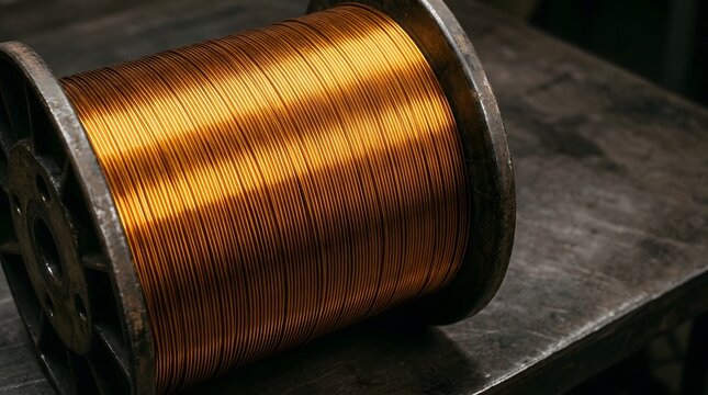 Wooden spool of wound copper wire resting on an industrial workshop workbench for electrical manufacturing and raw material supply chain