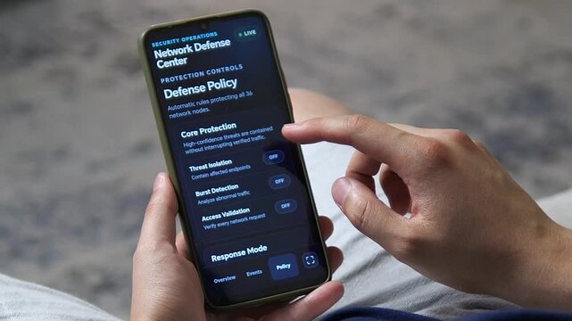 Person reviews mobile network defense controls with threat isolation and access validation, highlighting automated cybersecurity, endpoint protection and zero-trust security.