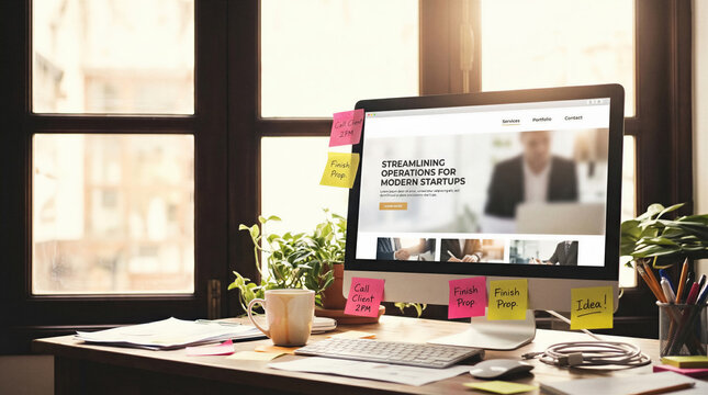 Computer monitor displaying startup website on wooden desk with sticky notes and office supplies. Remote work, business planning, digital marketing.