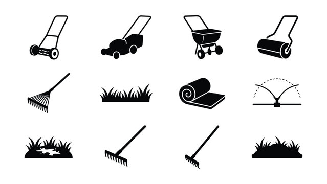 Lawn care tools and garden maintenance icons