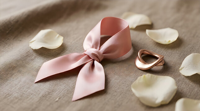 Delicate rose petals and a silk ribbon create a romantic and soft composition with a muted color palette