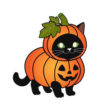 Cute Black Cat in Pumpkin Costume Vector - Halloween Jack-o'-Lantern Kitten Illustration. Resizable and editable, EPS 10.