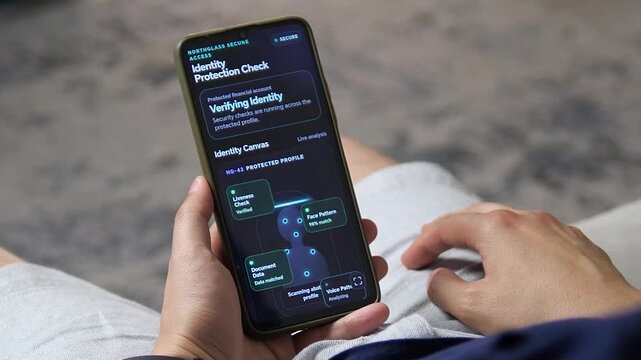 Person watches a mobile identity check verify face, document and liveness signals before secure financial access, highlighting biometric authentication and fraud prevention.