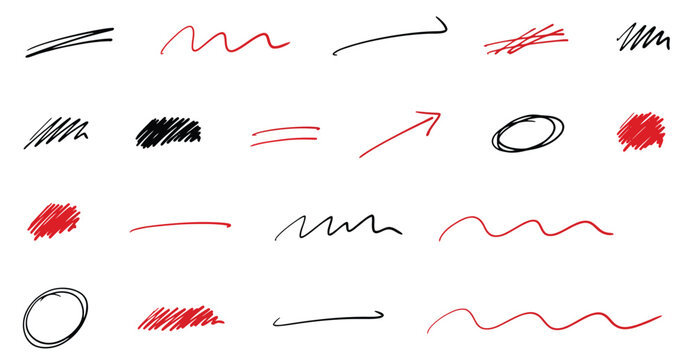 Hand drawn doodle mark vector set with red and black scribbles, underlines, arrows, circles and highlight strokes, sketch style design elements for social media and marketing annotation graphics pack