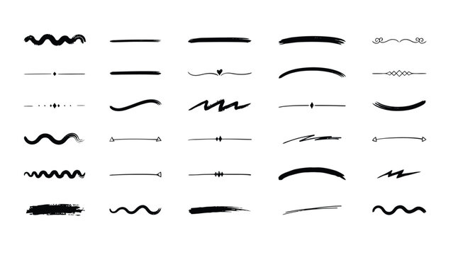 Hand drawn divider vector element set with brush stroke underlines, swash flourishes, wavy lines and ornamental separators, black ink sketch design accents for text and heading decoration graphic kit
