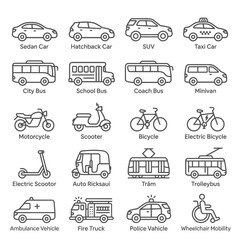 Obraz premium Comprehensive collection of transportation icons featuring various road vehicles, public transit, and mobility solutions in line