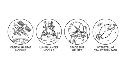 Space Suit Illustrations Depicting Lunar Lander, Orbital Habitat Module, and Interstellar Trajectory Path Design. © MstFiroza
