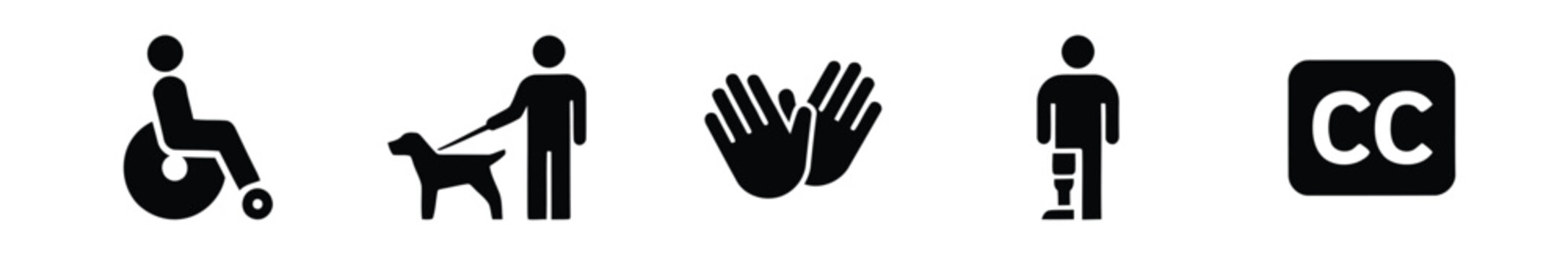 Disability accessibility vector icon set with wheelchair user, guide dog, sign language hands, prosthetic leg and closed captions symbol, flat black glyph icons for inclusive web and app UI designers