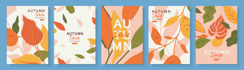 Naklejka premium Set of autumn sale card designs in modern flat style with grainy texture. Featuring stylized leaves and botanical elements for seasonal retail promotion and marketing, vector illustration.