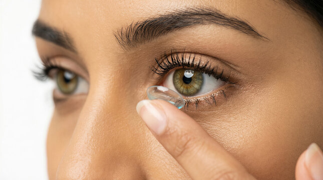 Woman inserting contact lens into eye. Close-up, medical beauty, vision care, ophthalmology, personal hygiene.