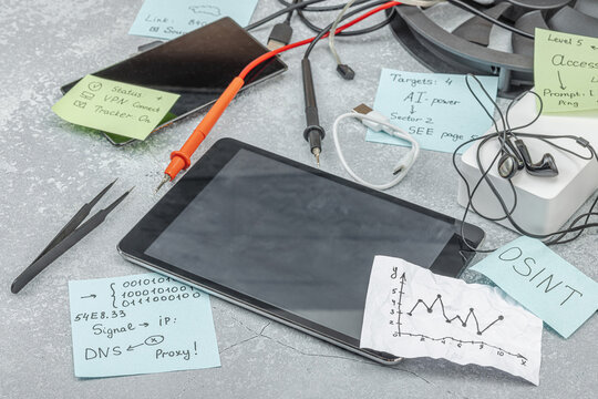 Cybersecurity and digital forensics concept. Professional OSINT investigator workspace with tablet
