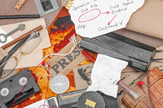Modern OSINT and digital investigation concept with vintage tools, magnifier, notepad, documents
