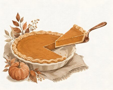 A golden pumpkin pie with one slice lifted out, watercolour illustration, soft neutral beige and copper