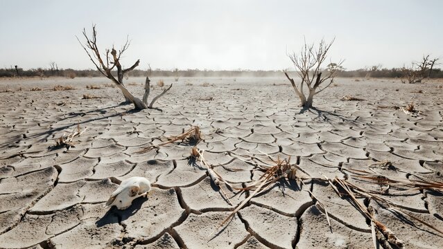 Arid cracked landscape with leafless trees and animal skulls under a clear sky